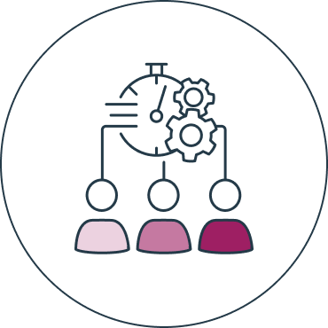 Illustration of three people connected to a clock and gears, symbolizing teamwork and time management.