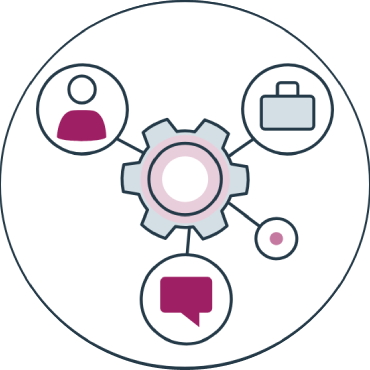 Diagram showing gear connecting person, briefcase, chat bubble icons.