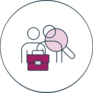 Icon of two people with a briefcase and a magnifying glass.