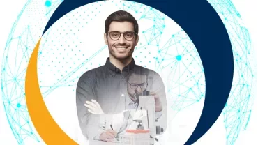 A person smiling with a transparent image of them using a microscope, set against a digital globe background.