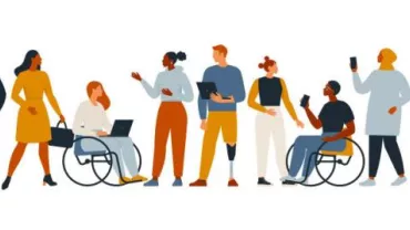 Illustration of diverse individuals standing and interacting.
