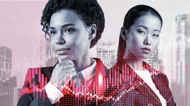 Two people in business attire with city skyline and stock market graph overlay.