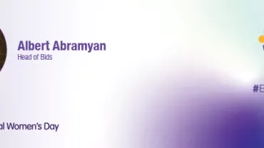 Profile of a person with text: Albert Abramyan, Head of Bids. International Women's Day logo and #EmbraceEquity.