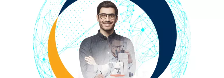 A person smiling with a transparent image of them using a microscope, set against a digital globe background.