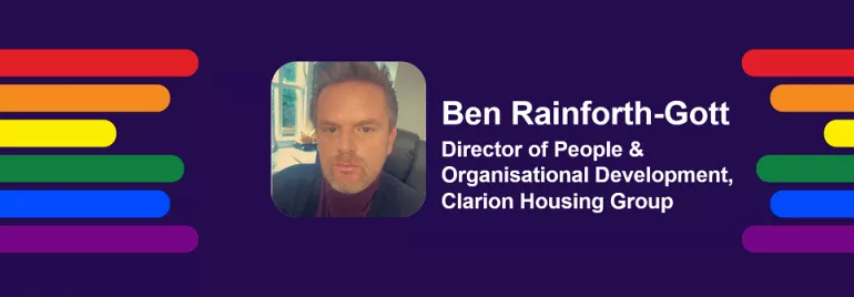 Profile image with rainbow stripes and text about a director in a housing group.