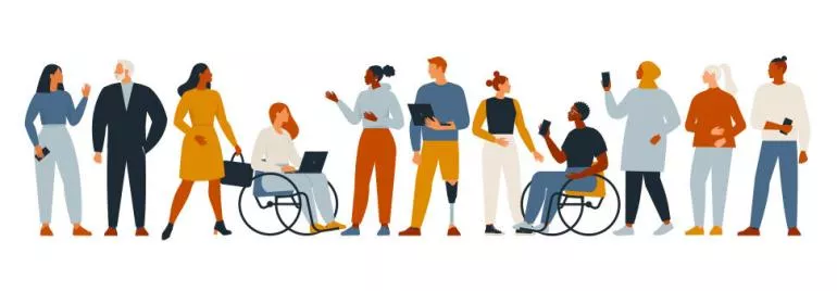Illustration of diverse individuals standing and interacting.