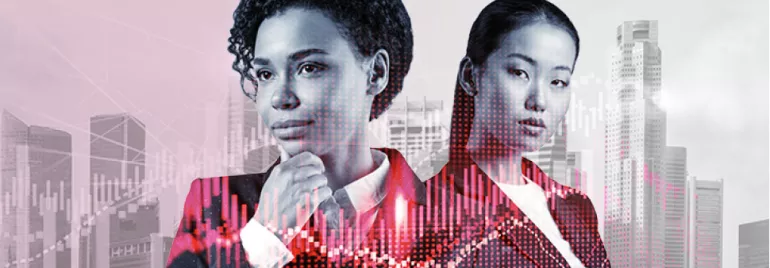 Two people in business attire with city skyline and stock market graph overlay.