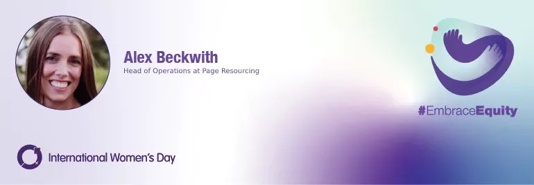 Alex Beckwith with International Women's Day and #EmbraceEquity logos.