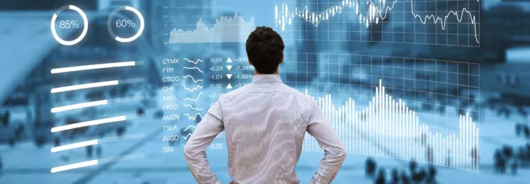 Person analyzing digital graphs and charts.
