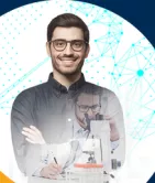 Smiling scientist with glasses and microscope, abstract tech background.