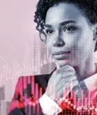 Person in business attire with a thoughtful expression, cityscape and graph overlay.