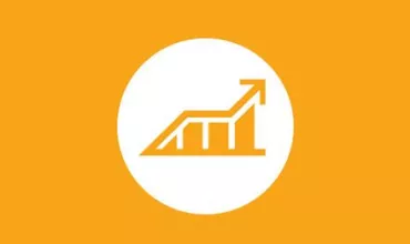Icon of a chart with an upward arrow on an orange background.