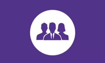 Icon of three silhouetted people in a circle on a purple background.