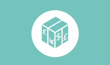 Icon of a box with currency symbols: dollar, euro, yen, and pound.