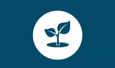 Icon of a small plant with two leaves on a blue background.