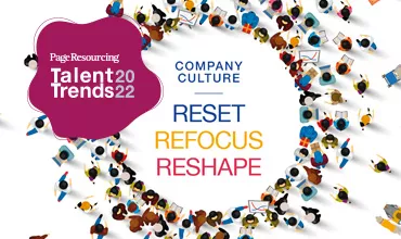 Talent Trends 2022 poster with diverse crowd illustration.