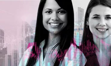 Two professionals with a city skyline and stock market graphics overlay.