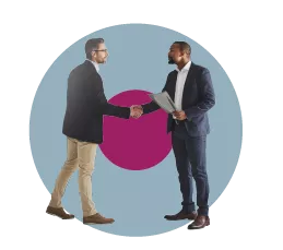 Two people in business attire shaking hands against a backdrop with a magenta circle.