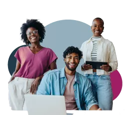 Three people smiling, gathered together with a laptop and tablet.
