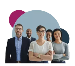 Group of five people standing together in business attire.